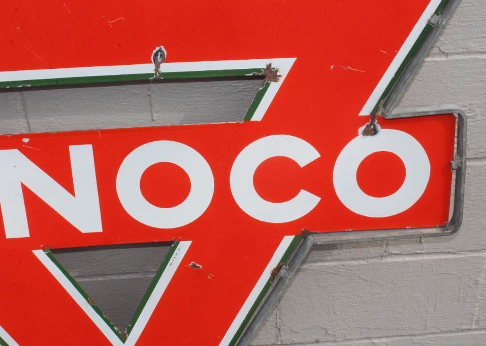 Conoco DSP Die Cut Porcelain Gas Station Identification Sign with Original Hanging Bracket - 12