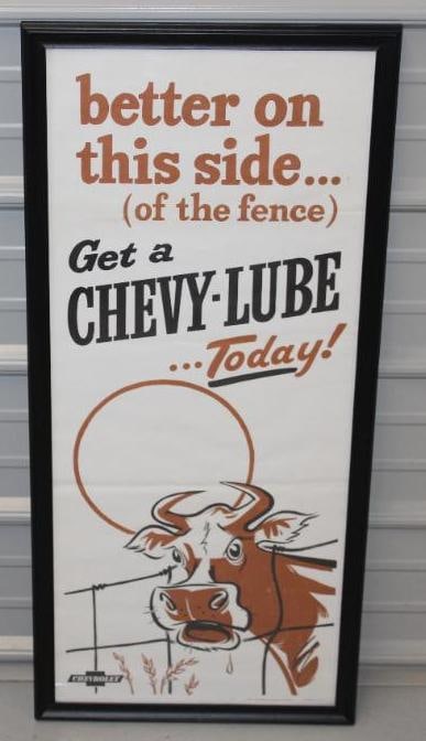 1958 Better On This Side (Of The Fence) Get a Chevy-Lube Framed Advertising Dealership Poster: This poster is marked 1958 Modern Displays Detroit. It is in excellent overall condition with only original mailer creases. The overall measurements are 17" x 37" and is graded a 9.