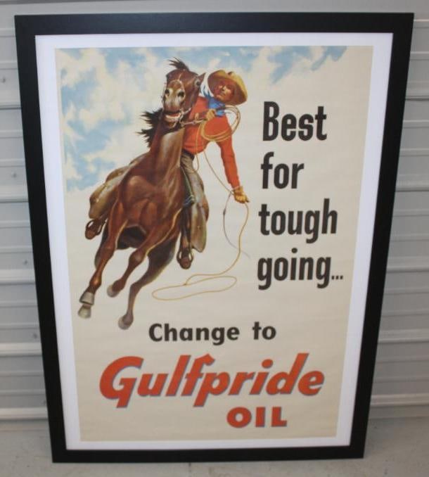 Best For Tough Going? Change to Gulfpride Oil Framed Gulf Gas Station Window Advertising Poster: This poster is in excellent overall condition. The overall measurements are 33.75" x 45" and is graded a 9.