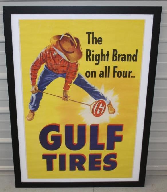 The Right Brand On All Four? Gulf Tires Framed Gulf Gas Station Window Advertising Poster: This poster is in excellent overall condition. The overall measurements are 33.75" x 45" and is graded a 9.