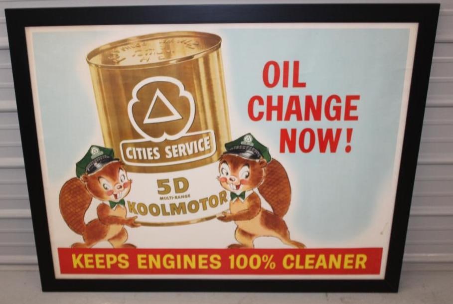 Oil Change Now! Cities Service 5D Koolmotor Framed Cities Service Gas Station Window Advertising: This poster is in excellent overall condition with one small stain near the lower right edge. The overall measurements are 54" x 42" and is graded an 8.9.