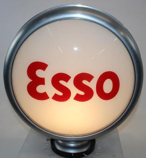 Esso Fifteen Inch Metal Body Gas Pump Globe Lens: This is a single lens mounted to a new metal body. The lens is in overall good condition with only minor wear.