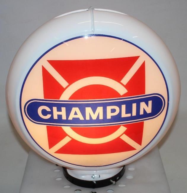 Champlin 13.5 Inch Complete Gas Pump Globe: These are two original Champlin lenses mounted on a Capco body. Both lenses have some minor washout along the bottom edge.
