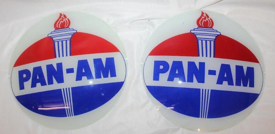 Pair of Pan-Am Gas Pump Globe Lenses: This is a very nice pair of Pan-Am lenses. Both show good color throughout with only some light surface scratches. They measures 12.5" x 12.5".