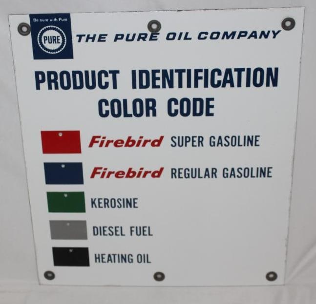 Pure Oil Company Product Identification Color Code SSP Porcelain Sign: This sign is in excellent overall condition with great color and gloss. It measures 17" x 15" and is graded a 9+.