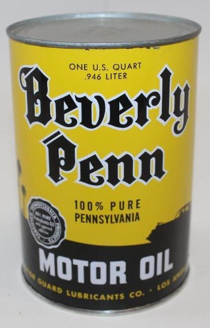 Beverly Penn One Quart Metal Oil Can: This empty oil can appears to have new top and bottom lids. It is in excellent condition with only minor wear. This can measures 4" x 4" x 5.5" and is graded a 9.