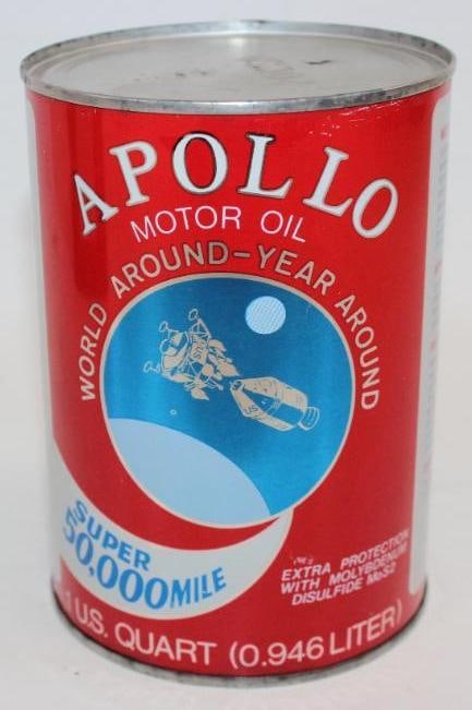 Apollo Motor Oil One Quart Metal Oil Can: This can is full. It is in excellent overall condition with only minor wear. This can measures 4" x 4" x 6" and is graded a 9.