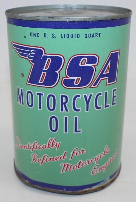 BSA Motorcycle Metal One Quart Oil Can: This can is full. It is in very good condition with some slight discoloration along the bottom edge. This can measures 4" x 4" x 6" and is graded an 8.9.