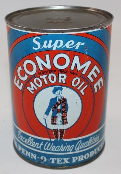 Super Economee One Quart Metal Oil Can: This empty oil can appears to have new top and bottom lids. The display side of the can is very nice with only some slight scratches and one small pinhole near the bottom. It appears to have been rero