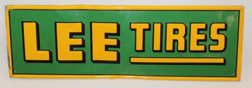 Lee Tires Embossed Self Framed SST Advertising Sign: This sign is marked G 40. It has good color and gloss with some slight creases to the field as well as minor surface wear. This sign measures 36" x 11.5" and is graded an 8.