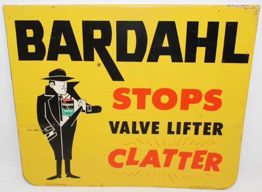 Bardahl "Stops Valve Lifter Clatter" SST Sign: This sign is made by the Stout Sign Co. It shows some light surface scratches and wear to the field. There is slightly heavier wear around the edge. The sign measures 17" x 20" and is graded an 8.
