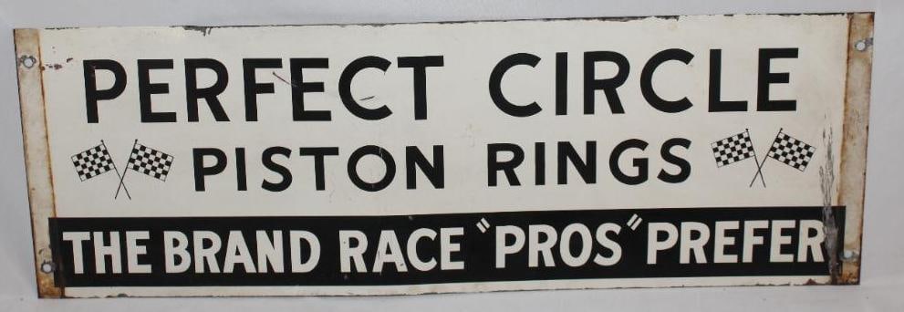 Perfect Circle Piston Rings Racing DST Rack Sign: The display side of this sign has some staining near the outer edges as well as some surface wear and scratches to the field. The reverse has additional discoloration as well as some areas of paint lo