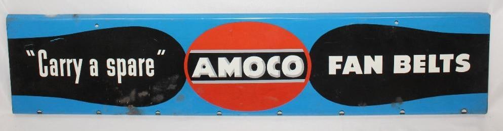 Amoco Fan Belts Advertising Display Sign: This sign has some rust staining and wear to the field. It shows good color throughout. This sign measures 7.5" x 34" and is graded an 8.