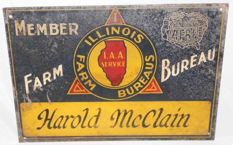 Illinois Farm Bureau SST Sign: This sign is marked Stout Sign Co. There is some discoloration and rust staining to the field. This sign measures 10" x 14" and is graded a 7.
