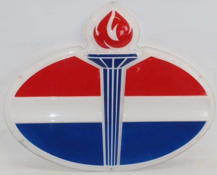 NOS American Oil Embossed Torch Sign with Original Box: This is an original embossed plastic American Oil Company light up sign lens. It comes in the original Neon Products shipping box. The sign is in very good overall condition with areas of paint loss w