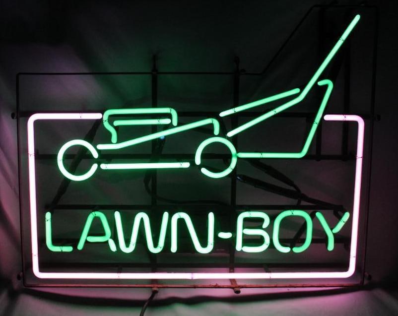Lawn Boy Lawn Mower Neon Advertising Sign: This sign lights up and works. It measures 25" x 20" x 4".