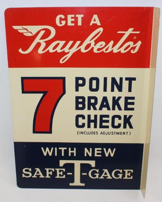 Raybestos 7 Point Brake Check DST Flange Sign: This sign is in excellent overall condition with only minor staining and light wear. This sign measures 14" x 20" x 2" and is graded a 9 on the display side and an 8.5 on the reverse.