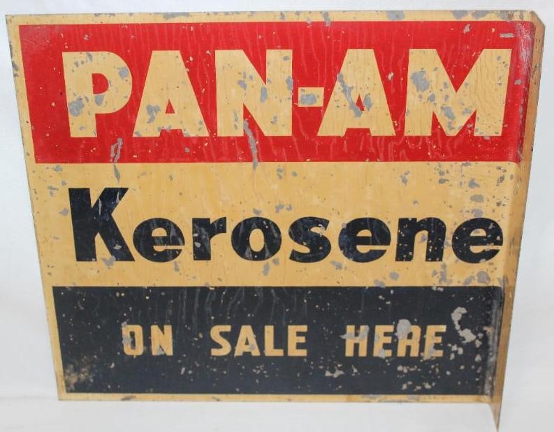 Pan-Am Kerosene On Sale Here DST Flange Sign: This sign has paper marks, discoloration, and flaking throughout. It measures 12" x 13" and is graded a 6 on both sides.