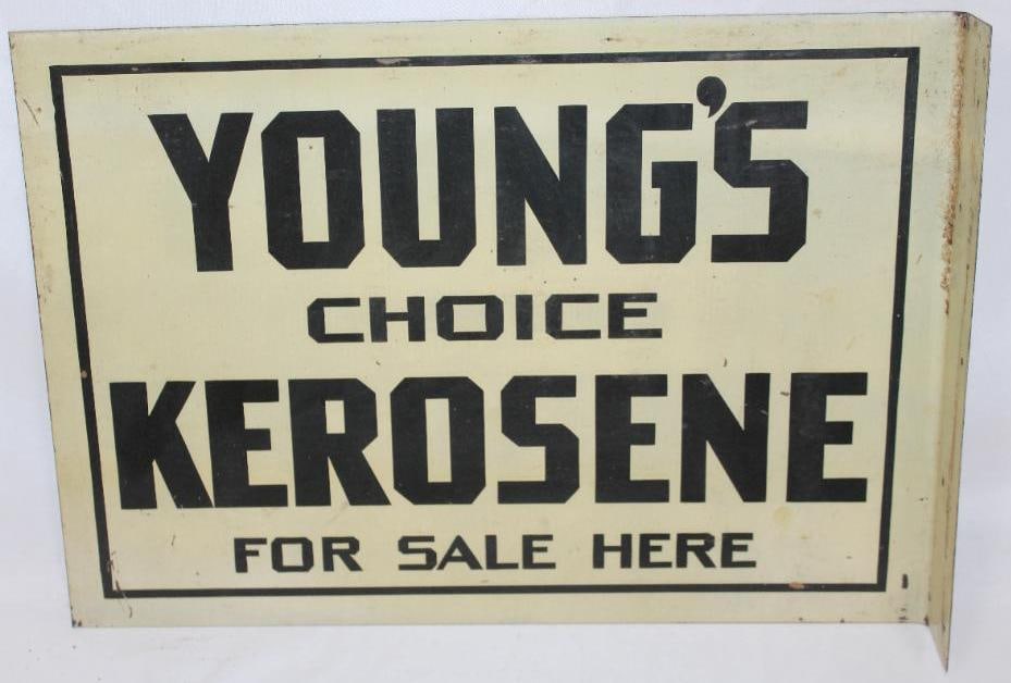 Young's Choice Kerosene DST Flange Sign: The display side of this sign shows some light wear and discoloration throughout. The reverse side has heavy paint flaking throughout the field. This sign measures 11.5" x 16.25" and is graded an 8.25