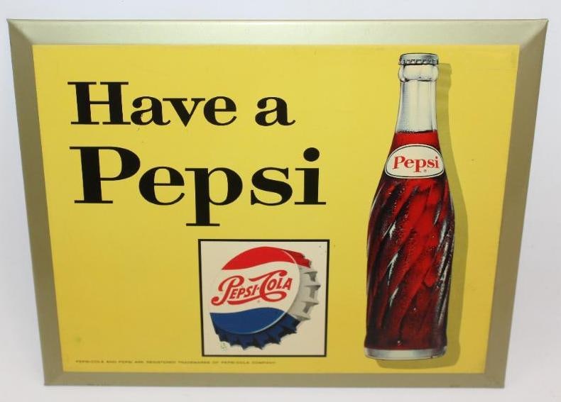 "Have a Pepsi" Pepsi-Cola TOC Advertising Sign: This tin over cardboard sign is marked M-239. It is in excellent overall condition with only minor wear. This sign measures 11.25" x 9" and is graded a 9.