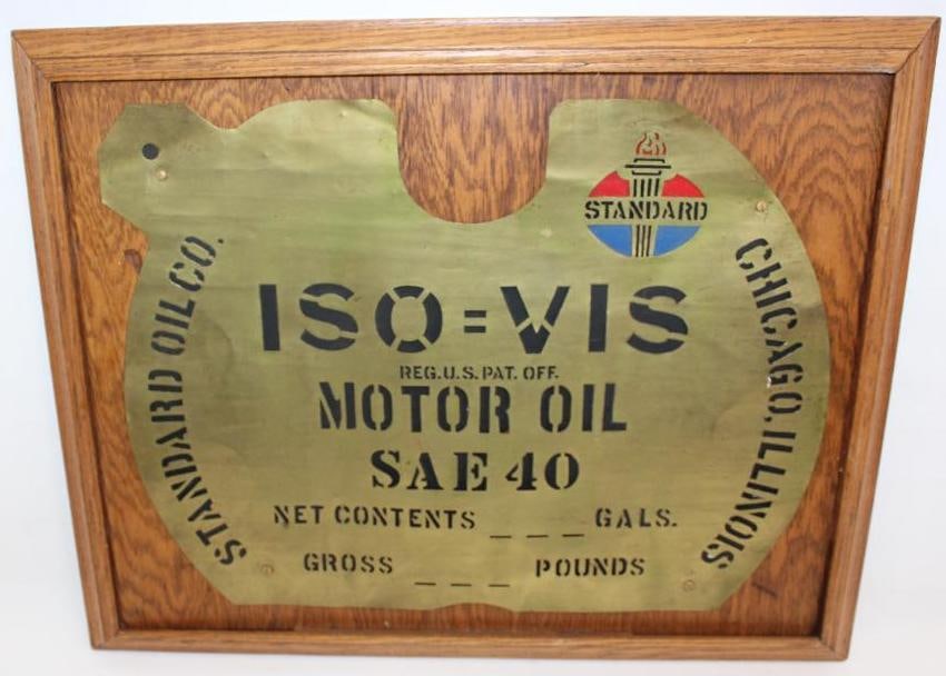 Standard Oil Iso-Vis Brass Oil Barrel Stencil: This stencil is mounted to a wooden display. It measures 25" x 20.5" x 1.5.