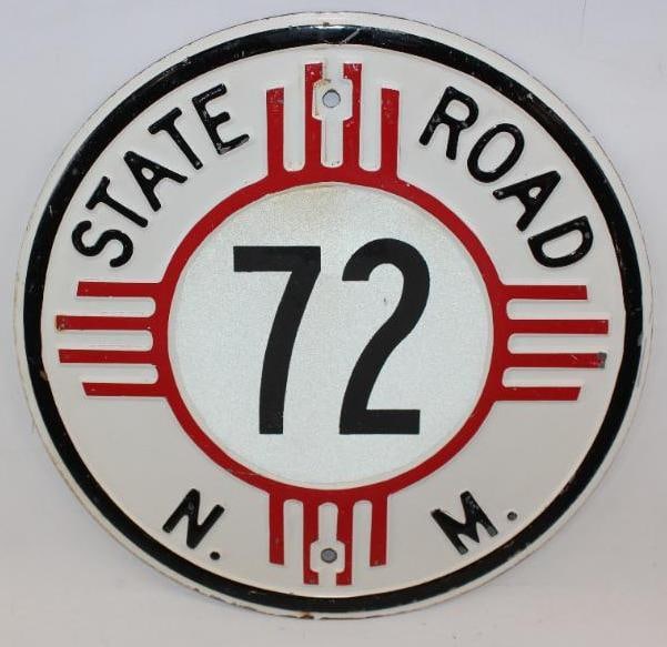 New Mexico State Route 72 Embossed Stamped Steel Route Sign: The 72 in the middle of this sign is a reflective sheeting and is not embossed. This sign has great original paint with only some minor wear. This sign measures 16" x 16" and is graded an 8.75.