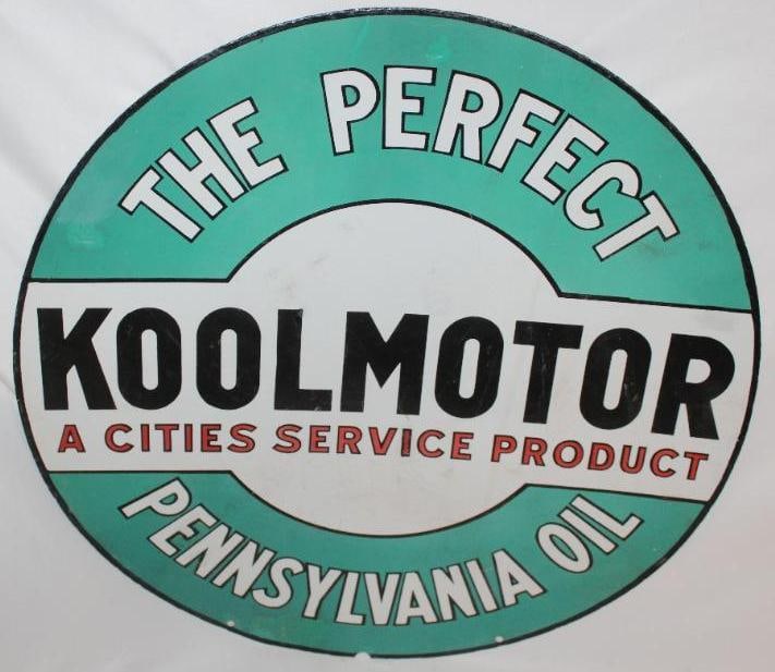 Cities Service Koolmotor DSP Porcelain Sign: The display side of this sign shows some crazing throughout the field with a few areas of color matched touch up. The reverse side has heavier crazing and larger touched up areas. This sign measures 2