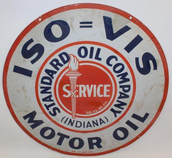Standard Oil Company of Indiana Iso-Vis DSP Porcelain Sign: The display side of this sign has crazing and touched up chips throughout the field. The reverse side has heavy fading and discoloration throughout. This sign measures 30" x 30" and is graded a 6 on t