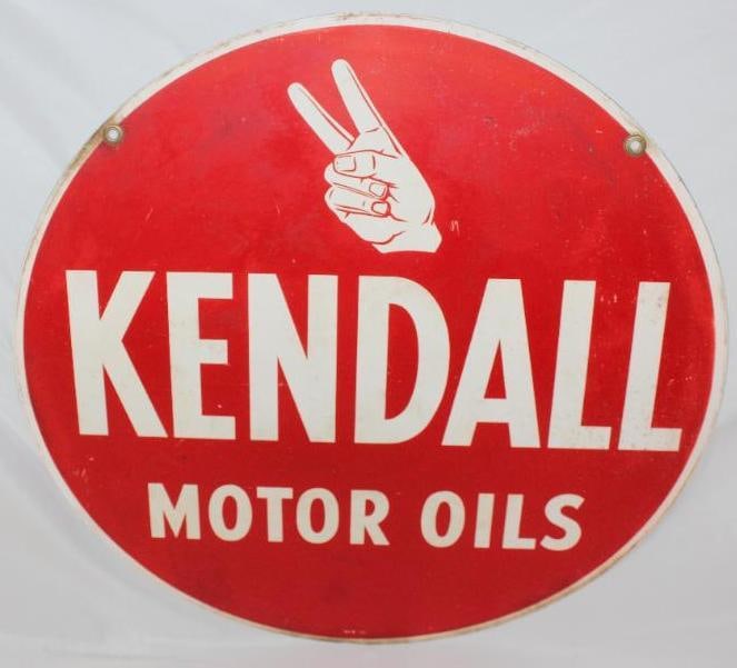 Kendall Motor Oils DST Sign: This sign is marked MCA-135. The display side has some slight discoloration and wear throughout the field. The reverse has slightly worse discoloration. This sign measures 24" x 24" and is graded an 8