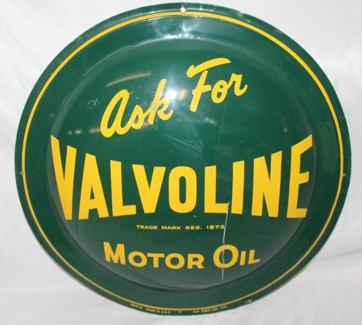 Valvoline Motor Oil SST Button Sign: This sign is marked AM Sign 8-55. There are some scratches and wear to the field, but has good color and gloss. This sign measures 17.5" x 17.5" and is graded a 7.75.