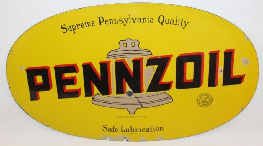 Pennzoil Supreme Pennsylvania Quality Safe Lubrication DSP Porcelain Advertising Sign: Both sides of this sign show some slight discoloration to the black areas with some small chips to the field. There are also some color matched chips on both sides. This sign measures 30.75" x 18" and