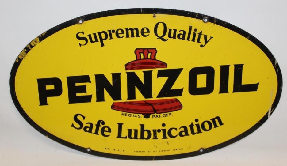 Pennzoil Supreme Quality Safe Lubrication DST Advertising Sign: This sign is marked Couch Phillips Los Angeles. The display side has good color with surface wear and scratches throughout. The reverse side shows fading to the red bell and heavier wear throughout th
