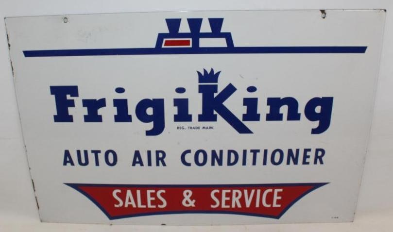 Frigiking Auto Air Conditioner Sales and Service DSP Porcelain Sign: This sign shows very good color and gloss throughout with only some light wear to the field. There are some small chips by the perimeter and mounting holes. This sign is marked T-58. It measures 24" x