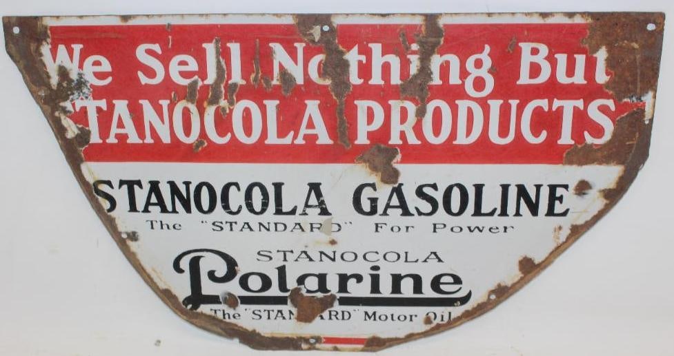 Porcelain Standard Oil of Louisiana Stanocola Advertising Sign: This is an early Standard Oil Sign that was at one time heavily trimmed and converted to a patch. It has heavy chipping and wear throughout. This sign measures 24" x 13".