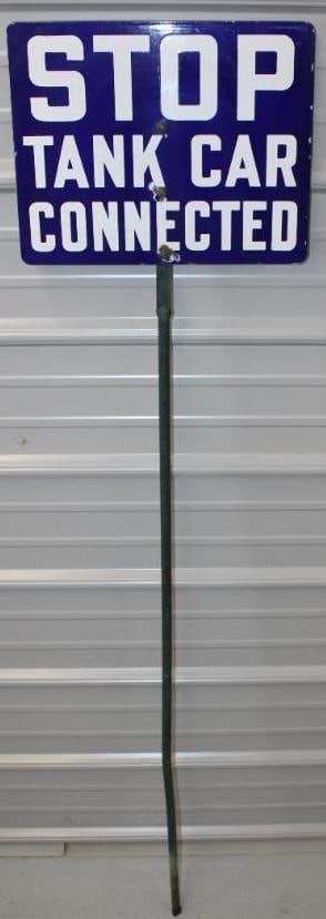 Stop Tank Car Connected SSP Porcelain Railroad Sign with Post: This sign has excellent color and gloss throughout. There are a few small chips at the mounting holes and along the perimeter. The sign measures 12" x 15" and has an overall height of 64" with the pos