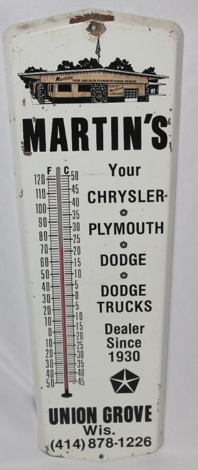 Martin's Dodge, Chrysler, Plymouth Mo-Par Advertising Thermometer: This thermometer is in working order. There is some paint loss near the mounting hole and near the perimeter. There is also some light wear to the field. This thermometer measures 24" x 8" and is grad
