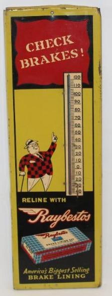 Reline with Raybestos Brake Lining Advertising Metal Thermometer: This thermometer is in working condition and tells temperature. It shows some minor discoloration and wear to the field. There is slightly heavier wear to the perimeter. This thermometer measures 9.5"