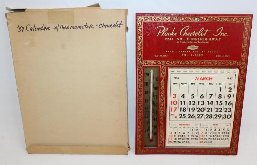 1957 NOS Chevrolet Dealership Advertising Thermometer and Calendar in Original Box: The thermometer works and tells temperature. It is in overall excellent condition. The overall measurements are 9" x 12" x 0.75"
