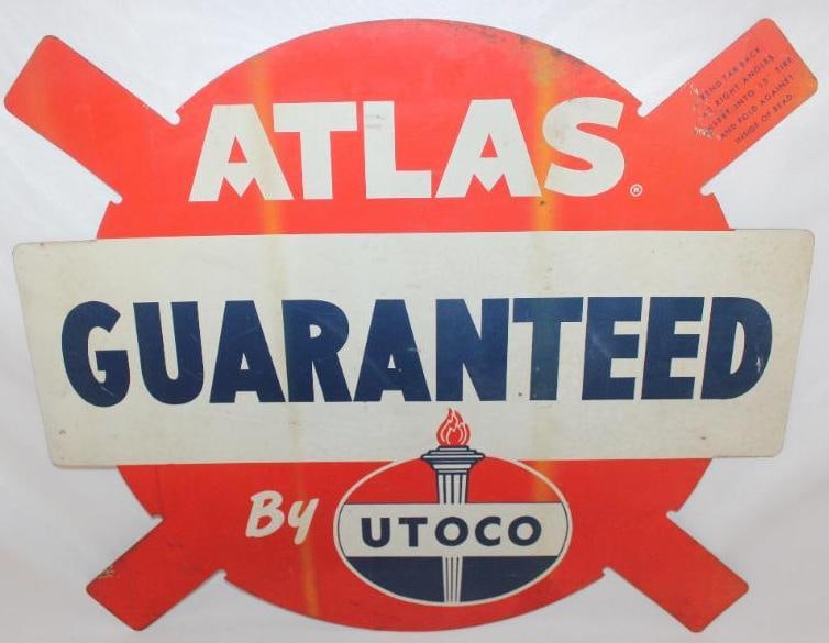 Utoco Atlas Tires SST Advertising Insert Sign: This sign shows some light staining and wear throughout the field. There are also some small areas of fading. This sign measures 15.5" x 18" and is graded a 7.5.