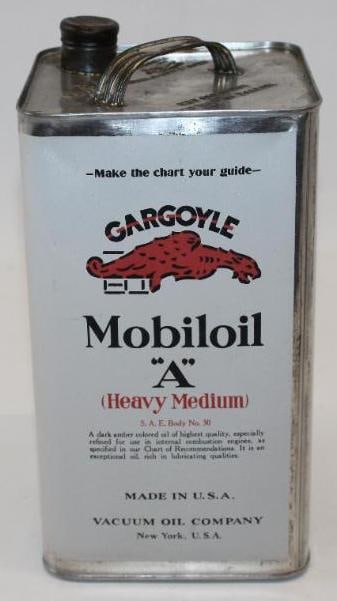 Socony-Vacuum Gargoyle Mobiloil "A" One Gallon Square Metal Oil Can: The display side of this can is in excellent condition and would be very difficult to improve on. The reverse is also very nice with only minor fading. This can measures 5.5" x 5.5" x 11.25" and is gr