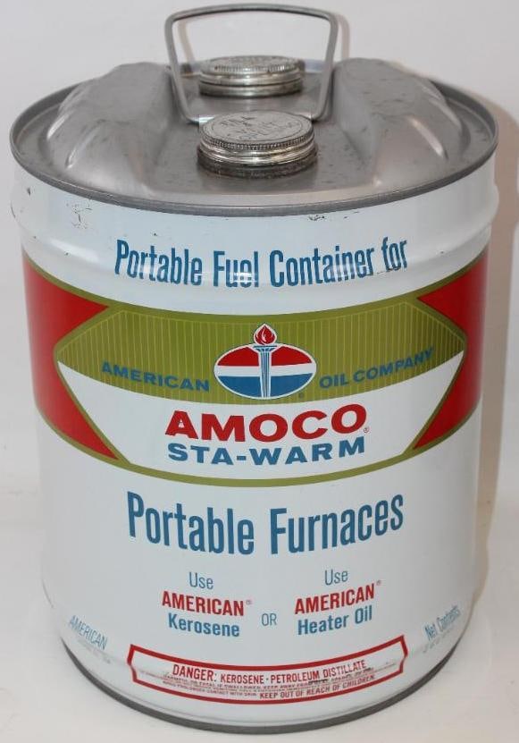 Amoco Sta-Warm Portable Furnace Fuel Five Gallon Can: This can is in excellent overall condition with only some light surface wear and scratches. It is likely new old stock. This can measures 15" x 12" x 12" and is graded a 9.