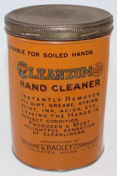 White & Bagley Oilzum Cleanzum Hand Cleaner Can: This can has great color and gloss throughout with only minor wrinkles and creases to the field. This can measures 4.25" x 4.25" x 6.25" and is graded an 8.9.