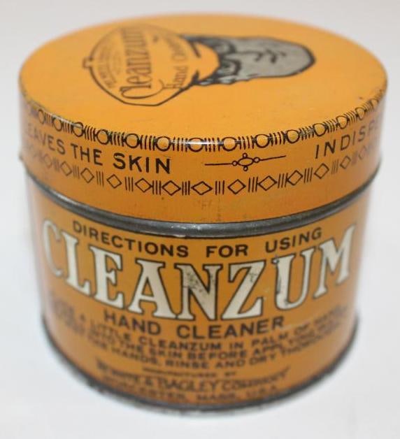 White & Bagley Oilzum Cleanzum Hand Cleaner Can: This can is in excellent overall condition. This can measures 3" x 3" x 2.5" and is graded a 9+.