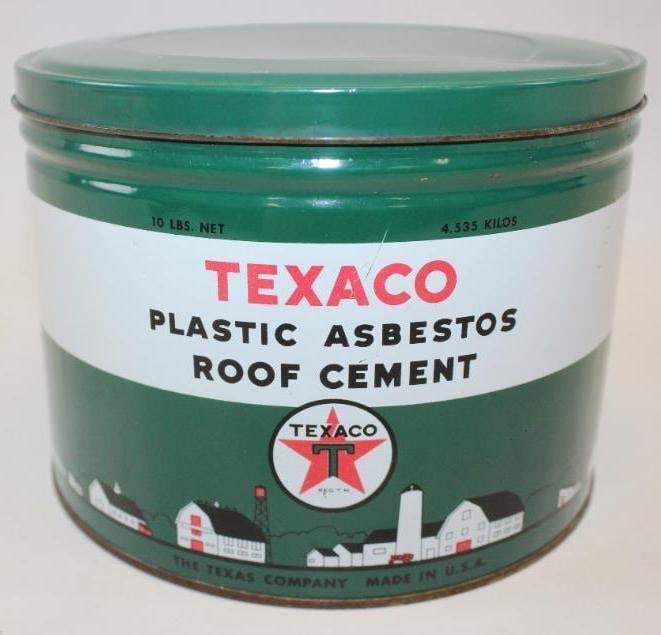 Graphic Texaco Plastic Asbestos Roof Cement Ten Pound Can: This can has most of its contents. It is in excellent condition with only minor wear. This can measures 8" x 8" x 6" and is graded a 9+.