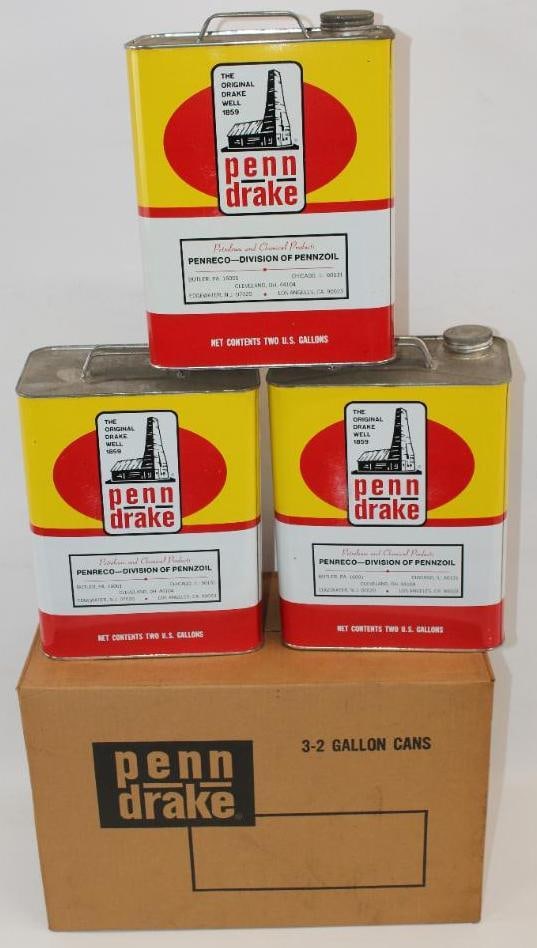 NOS Case of Penn Drake Two Gallon Oil Cans: This case of three oil cans is in excellent condition with only minor wear. The case measures 17" x 9" x 11.5"