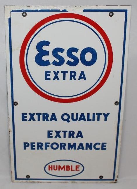Humble Esso Extra Porcelain SSP Sign: This sign has some slight discoloration to the blue areas. There are also some touch ups done along the top edge. This sign measures 18" x 11" and is graded an 8.