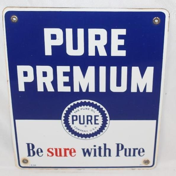 Pure Premium SSP Porcelain Pump Plate Sign: This sign is in excellent overall condition. There is some slight staining to the outer edge. It is marked IR 50. This sign measures 12" x 10" and is graded a 9.