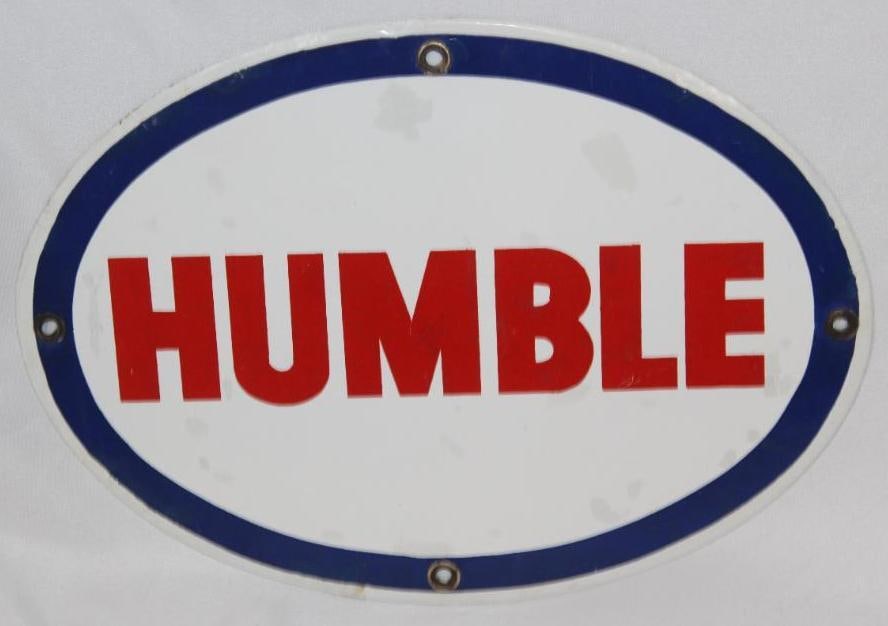 Humble Oil Company Porcelain SSP Oval Sign: This sign has some small touch ups done to the field and also along the perimeter. This sign measures 7.5" x 8.25" and is graded an 8.