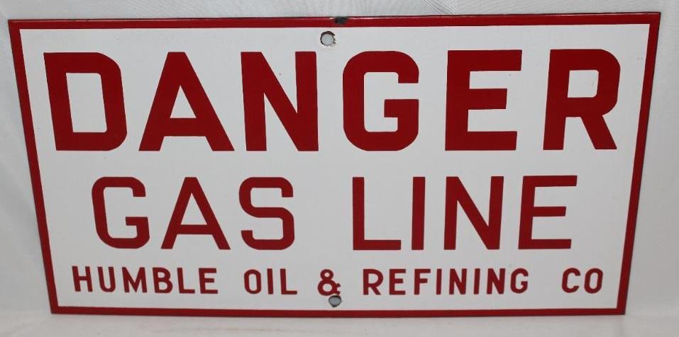 Humble Oil and Refining Danger Gas Line SSP Porcelain Sign: This sign is in excellent overall condition with only a small chip along the top edge. It measures 8" x 15" and is graded a 9+.