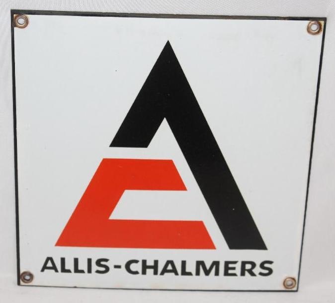 Allis-Chalmers Farm Equipment SSP Porcelain Sign: This sign is in very good condition with some slight staining around the outer edges. This sign measures 9" x 9" and is graded a 9.
